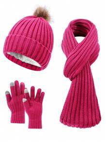 Set de 3 piezas de mujer con gorro de punto de rayas verticales de unicolor, bufanda y guantes, cálido y acogedor para uso casual al aire libre en otoño/invierno, accesorios de invierno, atuendos de invierno