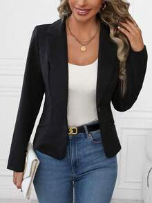 Áo khoác thể thao nữ thanh lịch, màu trơn, thích hợp cho đi làm và công sở mùa thu, trang phục công sở thường ngày cho nữ, áo khoác mùa đông cho nữ. - màu đen - Xem 6