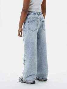 10-14 Year Old Girl With Fashionable Stir Fried Flowers, Washing Water, Heart Breaking Hole, Diamond Inlaid Pearl, Loose Straight Leg Denim Pants - 淺色水洗藍 - 查看 5