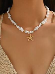 1件绿松石项链，时尚手工串珠金属吊坠珠宝项链，适合女性日常佩戴和海滩度假旅行。宝石形状和大小随机。