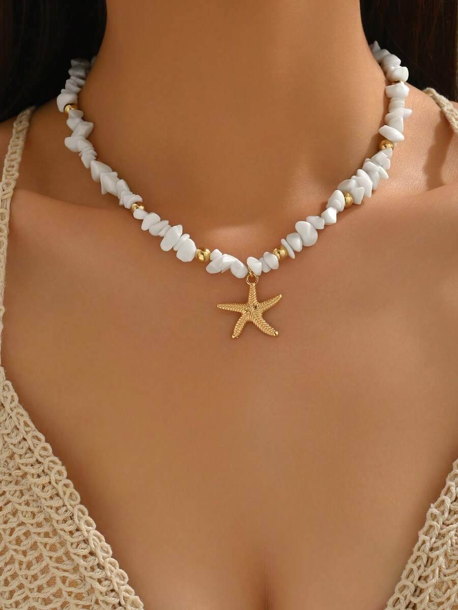 1件绿松石项链，时尚手工串珠金属吊坠珠宝项链，适合女性日常佩戴和海滩度假旅行。宝石形状和大小随机。