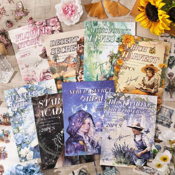 200+ Pcs 20 Sheets PET Sticker Book, Memories Of Time Series Sticker Book, Decorative PET And Paper Stickers, Creative Basic Material, Waterproof Decorative Stickers, Ideal For DIY Scrapbooking, Journaling Supplies, Tablets, Phones, Photos And Arts & Crafts, Cards ( Flowers, Winter, Desert, Phantom Forest, Nebula, Secret Realm, Star Academy, Harvest, Resting Among Ythe Lavender), School Supplies, Back To School