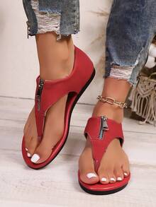 Sandales plates rétro bohémiennes grande taille pour femmes, sandales romaines d'été polyvalentes décontractées pour la plage, les vacances, les robes, nouvelle arrivée 2025 - Rouge - Voir 1