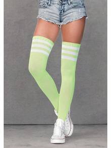 Leg Avenue Women's Three Stripes Athletic Ribbed Thigh High Socks - 霓虹綠 - 查看 5
