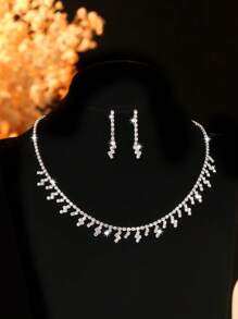 Conjunto de 3 piezas con collar y aretes completamente enjoyados con rhinestones en diseño geométrico minimalista y elegante, adecuado para uso diario, citas en el campus, bodas, San Valentín o de regalo para vacaciones