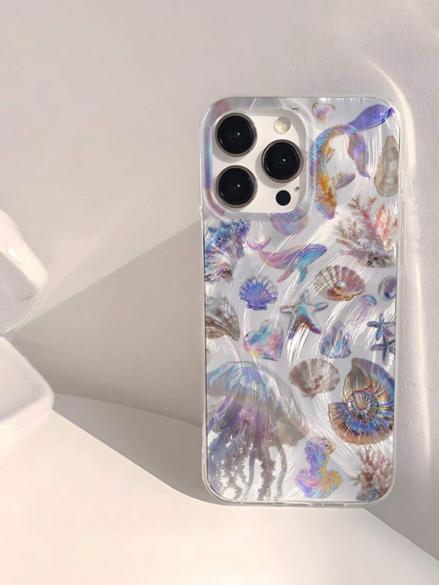 1 pieza Estuche de teléfono suave, brillante y liso, compatible con Apple 16/16 Plus/16 Pro/16 Pro Max, con estampado de medusas y conchas marinas, resistente al agua, a las huellas dactilares y a los arañazos, transparente y con efecto IMD