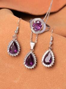 1 Set de joyas clásicas de unicolor con forma de gota de agua, que incluye aretes, collar y anillo, conjunto de 4 piezas de moda - Morado - Ver 11
