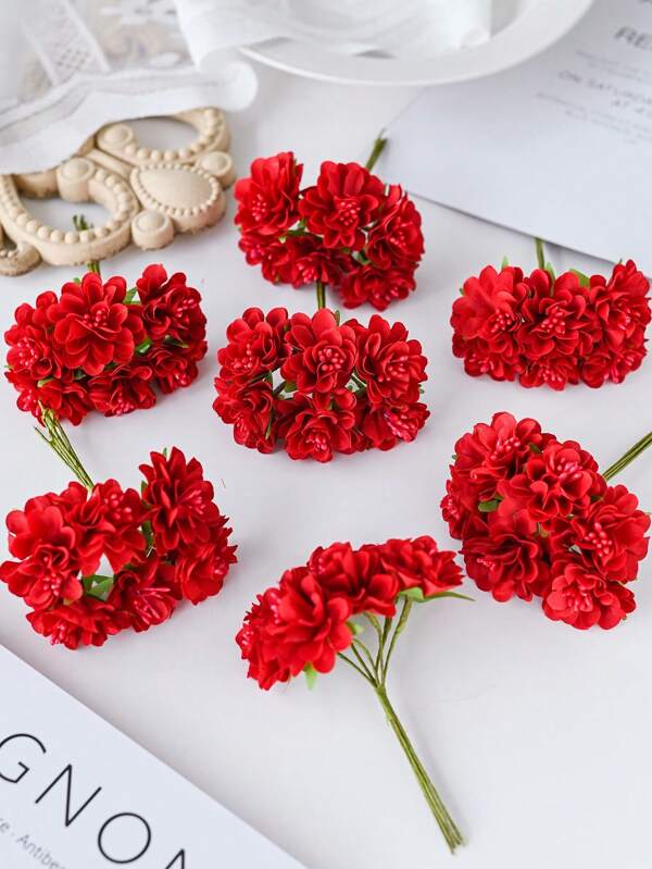 1 ramo (6 flores) Ramo de flores de clavel artificial MINI Materiales para corona de letra DIY, accesorios para caja de caramelos, decoración de hogar y boda, flores para la muñeca de la novia, flores para pecho, material para tocado, decoración de Año Nuevo, accesorios para fiesta de cumpleaños y torta