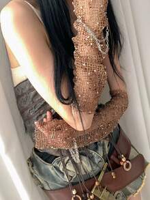 1 Pair Unique Distressed Style Mesh Arm Sleeves For Women, Retro Grunge Y2K Subculture, Lightweight For Summer - Brown - View 2