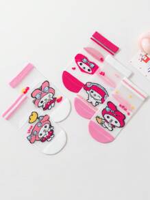 Sanrio 5 Pairs Girls Short Socks, Melo-Dy Baby Boat Socks, Pink Tones, Rabbit, Ice Cream Cartoon Patterns, Cute Casual Style, Thin For Summer, Suitable For Students, Daily, Holidays, Back To School, New Semester, Classroom, Can Be Paired With Skirts, Casual Pants