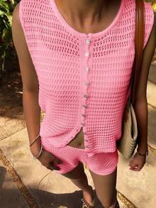 Conjunto de 2 piezas de mujer de verano con top corto sin mangas con hebilla, casual, hueco, punto y minifalda, con suéter sin mangas con botones abiertos, conjunto informal para vacaciones, primavera, verano y otoño - Rosa - Ver 4
