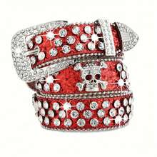 Cinturón de piel de imitación de unicolor con tachuelas, calavera y strass para mujeres y niñas, ideal para vaqueros y pantalones - Negro - Ver 7