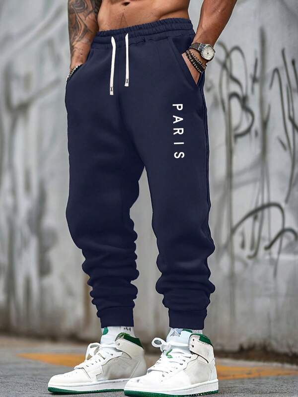 Pantalones casuales de ajuste regular con estampado de letras y bolsillos para hombres, con cordón en la cintura, adecuados para salir, ir al trabajo, actividades al aire libre, un gran regalo para esposo, novio - Primavera y Otoño