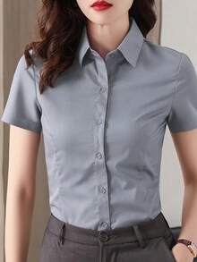 灰色短袖女式办公室衬衫，商务/工作正装衬衫，2025 年春夏新品系列 - 淡灰色 - 查看 4