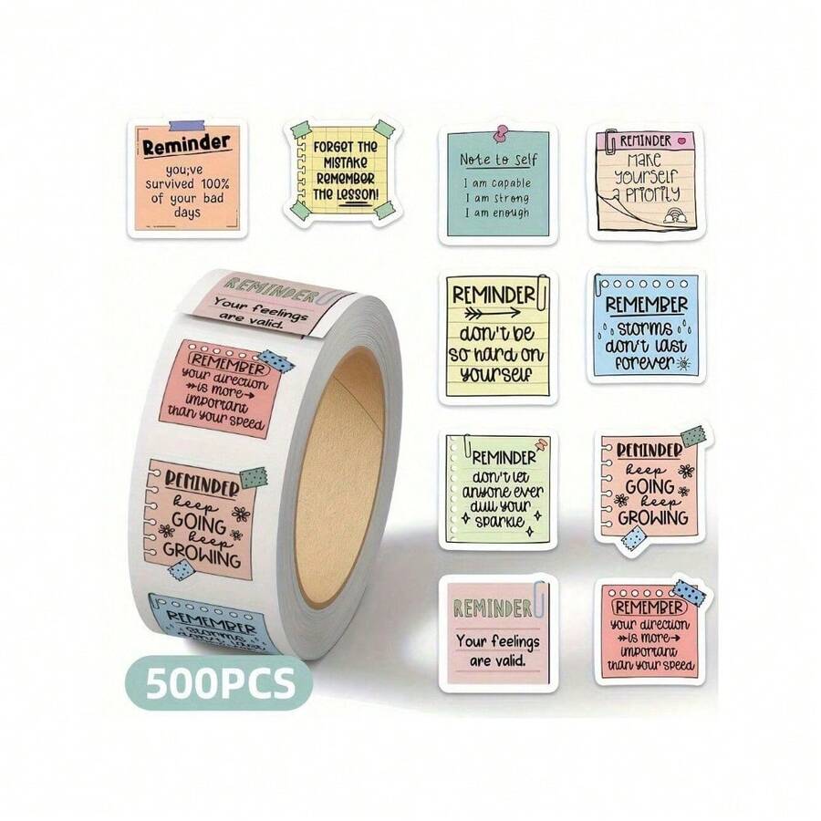 500-Piece Inspiring Reminder Sticker Rolls - Self-Adhesive Paper Labels With Positive Affirmations And Cartoon Patterns, Suitable For Diaries, Laptops, Notebooks, Mixed Colors - GUTBD One-Time Incentives - one-size - View 1