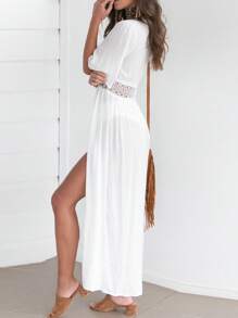 Women Bikini Cover Up, Solid Color Hollow Waist Short Sleeve Long Cover Up, Cardigan Straps Tie Loose Dress For Swimming Wears
