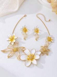 Conjunto de 3 peças de colar e brincos com pingente de flor esmaltada elegante, adequado para mulheres como uso diário ou presente de feriado