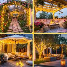 1 pieza 20/50/100/200 Luces LED solares para exteriores, luces de Navidad solares de cable verde, 8 modos de hadas destellantes, adecuadas para iluminación de escenario, árbol de Navidad, decoración de jardín, boda, camping al aire libre, decoraciones de Halloween para exteriores para jardín, patio, fiesta, Navidad, patio (Morado/Blanco cálido/Blanco/Multicolor)