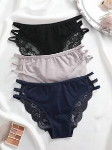3pcs Breathable Romantic Sexy Lace Panel Women's Hipster Panties - Multicolor - View 3