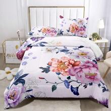 Purple Pink Floral Comforter Set: Twin Size Pretty Botanical Bed Set With Pink Flower Quilt