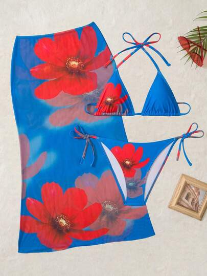 3pcs/Set Sexy Floral Print Halter Bikini Swimwear Set & Cover-Up Skirt, For Beach & Pool, For Summer Vacation,Cover Up Dress,Removable Swimwear Pads,Summer Dresses For Women,Summer Clothes Women,Festival,Skirts,Ibiza Outfits,Swimwear Women,Bikini Set,Swimming Costume Women,Beach Wear Women,Holiday Co Ord,Beach Dress,Bikinis For Women Sets,Swimsuit