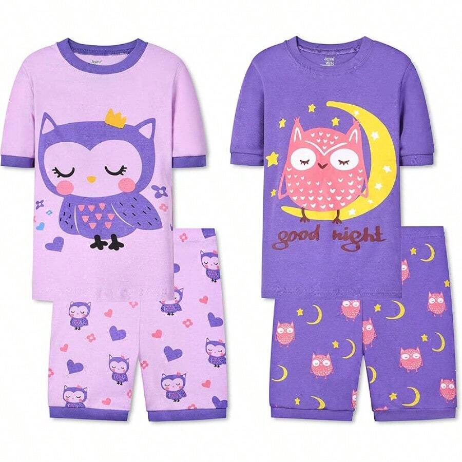Girls Pure Cotton Summer Pjs Size 2T-14Years, Little Girls Short Sleeve 4-Piece Sleepwear Kids Toddler Pajamas Set - 紫色 - 查看 1