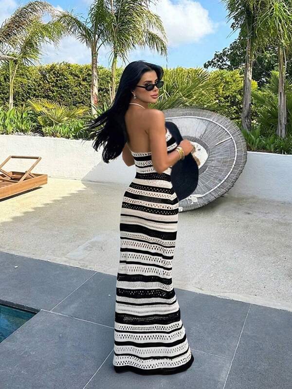 Women's Clashing Stripe Hanging Neck Dresses Hot High Split Daily Beach Casual Vacation Sweater Dresses,Dresses For Women Summer,Vacation Outfits Woman,4th Of July Women