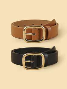 2pcs Kids' Fashion Square Buckle Versatile Belts, High-Quality PU Suitable For Jeans, Dresses, All Seasons