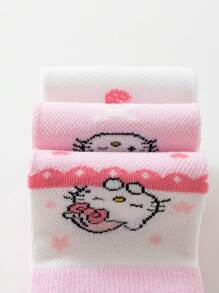Sanrio 4 Pairs Kid Girls Knee High Socks, Hello Kitty, Mesh, Pink&White, Heart Thigh High, Cute School Style, Thin, Suitable For Students, Everyday, Back To School Season, New Semester, Classroom, Festival Matching, Can Be Paired With Lolita Skirt