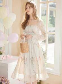 Square Neck Chiffon Floral Print Long Dress With Lantern Sleeves, Elegant Ruffle Hem, Long Sleeve French Dresses