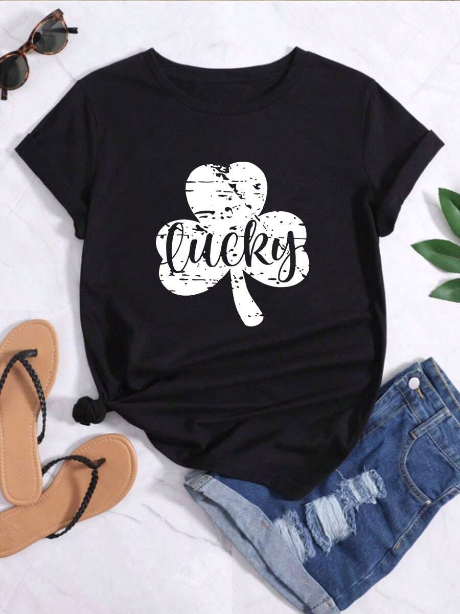 Camiseta deportiva de ocio impresa de trébol en forma de corazón de cuello redondo para mujeres - Negro - Ver 1