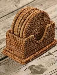 6pcs Handmade Rattan Coaster Set - Autumn Vine Design, Heat-Resistant Pot Mats For Kitchen & Dining, Wooden Storage Tea Accessories Valentine DAY, Valentines Wedding, Birthday