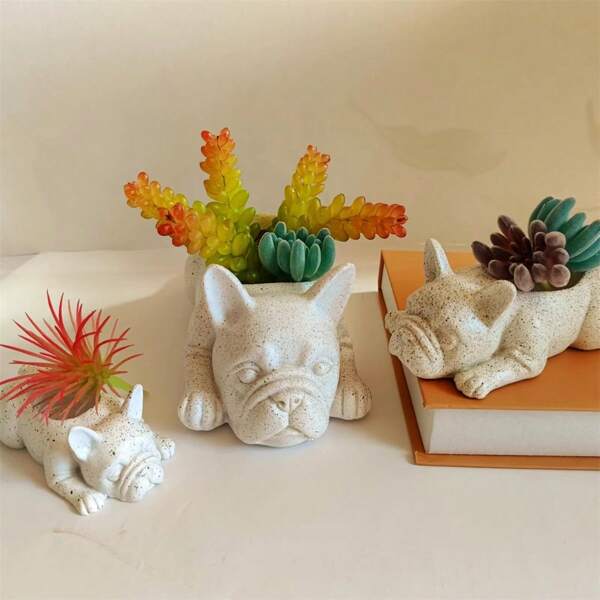 Macetero único de resina con forma de Bulldog Francés - Contenedor decorativo con forma de cachorro para plantas suculentas y cactus, decoración de jardín interior y exterior