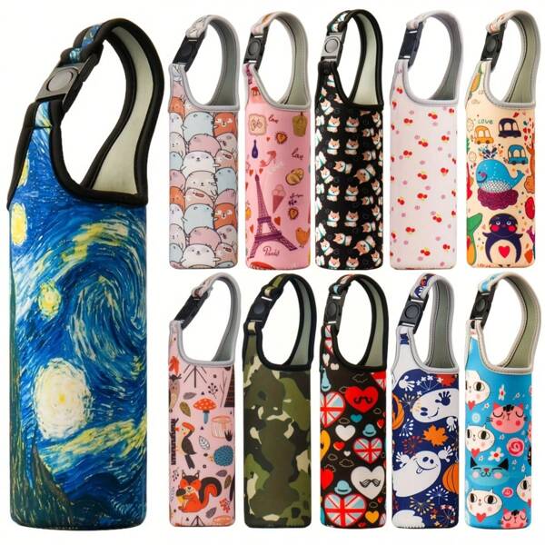 1-Set tragbare Cartoon Wasserflasche Träger Tasche mit Gurt - bunt gemusterter isolierter Tassen-Ärmel, Vakuum-Becher-Halter, praktische Glasbecher Tasche für heiße und kalte Getränke, Sommer- und Winter-Trinkzubehör, Wasserflasche Zubehör - perfektes Geschenk für Verwandte und Freunde