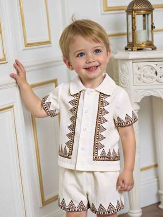 2 pièces/Set Chemise et short casual pour bébés garçons avec motif géométrique du Moyen-Orient, printemps/été