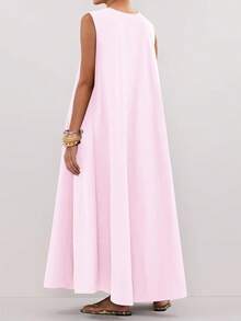 Women's Summer Long Tank Dress Solid Color Sleeveless Scoop Neck Ruched Wide Shoulder Loose Dress - 粉色 - 查看 7