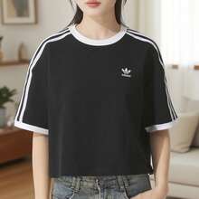 Adidas Originals Camiseta Cropped Solta Esportiva Adidas Feminina, Camiseta Cropped Solta 3S, Camiseta de Manga Curta Confortável para Corrida, Fitness, Treino. Item JC8149 - Preto - Visão 4
