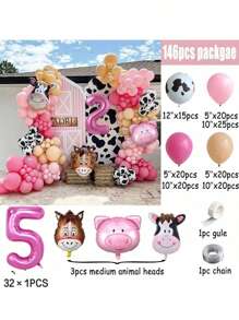 Conjunto de 146 piezas de decoración con arco y guirnalda de globos con tema de granja, incluye 40 pulgadas números del 1 al 9 de globos de aluminio rosas y globos con decoración de animales de granja para fiesta