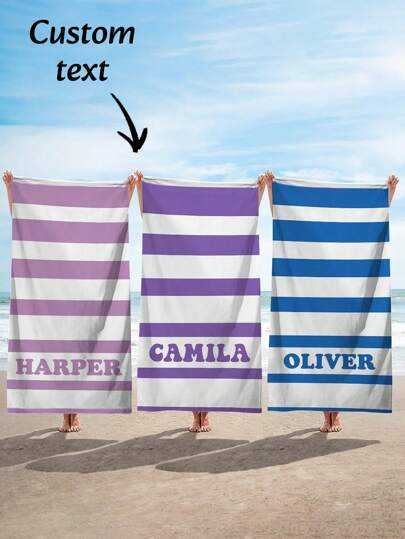 Toalla de playa a rayas personalizada con texto personalizable - Suave, de secado rápido y portátil, imprescindible para salidas a la playa en otoño, un regalo ideal para viajes de graduación, regreso a la escuela, toallas de ducha para salón de belleza, hotel, deportes, artículos esenciales para el hogar, toalla, cuidado de la piel