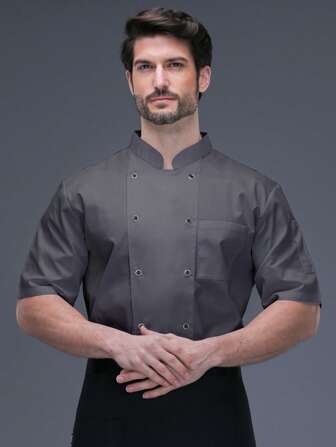 1 件厨师夹克，男女通用立领双排扣短袖透气轻便舒适