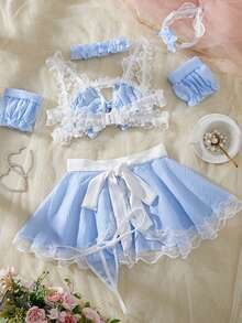 Women's Maid Lingerie Set Sleeveless Plaid Print Bow And Panty Apron Skirt Set Exotic Nightwear - 藍色 - 查看 6