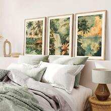 1/3 piezas Decoración de pared de acuarela retro de selva tropical de vacaciones, decoración de pared de cascada, arte de decoración de pared opcional, póster de acuarela hawaiano, mural decorativo del hogar de vacaciones, decoración del hogar, póster de lienzo - Multicolor - Ver 3
