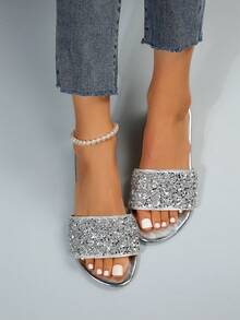 大码 35-43 女式夏季新款户外休闲时尚仿珍珠拖鞋，平底舒适一脚蹬系带水钻沙滩平底凉鞋，适合日常穿着 - 銀色(銀亮片) - 查看 4