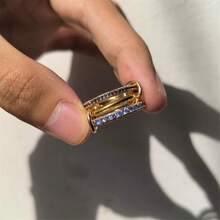 VKHK 1pc Luxury 18K Gold Plated Stainless Steel Blue Zirconia Decor Multi-Layer Round Linked Ring, Suitable For Women, Men, Couples For Daily Wear And Wedding, Gift - Multicolor - View 3