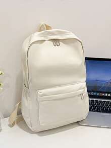 Minimalist Solid Color Multi-Functional Large Capacity Student Backpack, Back To School Essential, College Essential Backpack - White - View 3