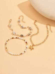 3件套波西米亚风格仿珍珠天然贝壳手工脚链，时尚金色海星吊坠串珠脚饰，适合海滩和日常佩戴。手工链长度可定制，天然贝壳的形状、大小和图案随机。