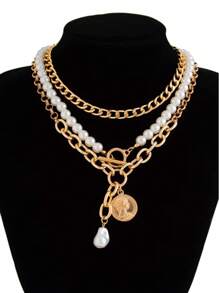 3 pièces set de pièces de monnaie métalliques à la mode, têtes de beauté, boucles OT, collier pendentif en forme de cœur, ensemble de chaîne multi-couches simple avec perles pour le collet, ensemble de bijoux pour femmes, bijoux d'été pour la plage, convient pour les fêtes, les cadeaux aux amis et à la famille, le port quotidien