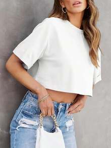 Tankaneo Women Crop-Shirts Half Sleeve Drop Shoulder Cropped Tops Y2K Casual Summer Basic Tees - Coffee - View 7