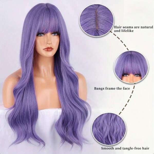1pc Women's Purple Wavy Synthetic Wig With Bangs, Long Curly Hair, Elegant Style, 150% Density, Heat Resistant Fiber, Suitable For Cosplay, Halloween, Music Festivals, Daily Use - All Races