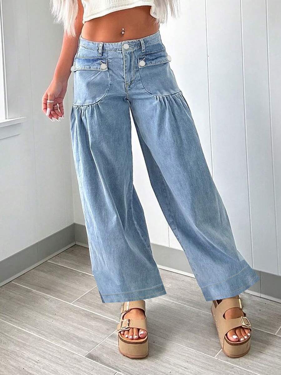 Quần jeans nữ ống đứng dáng rộng, thời trang, cá tính, phong cách đường phố, tiện dụng, có xếp ly và túi trước. - Rửa trung bình - Xem 1